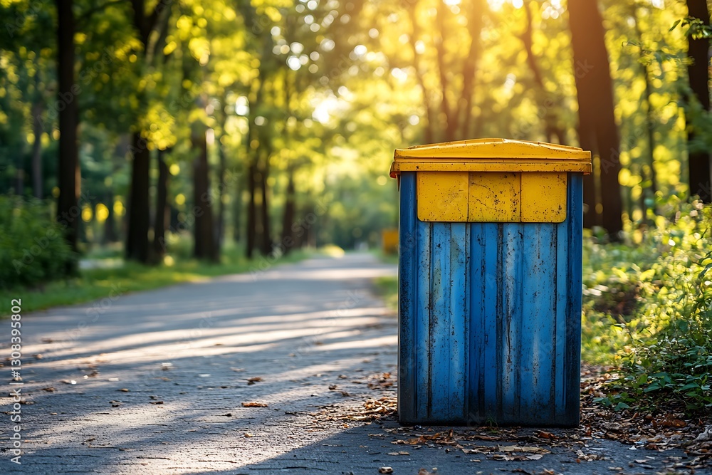 Blue and yellow park trash can on path. Blue and yellow park trash can on path.