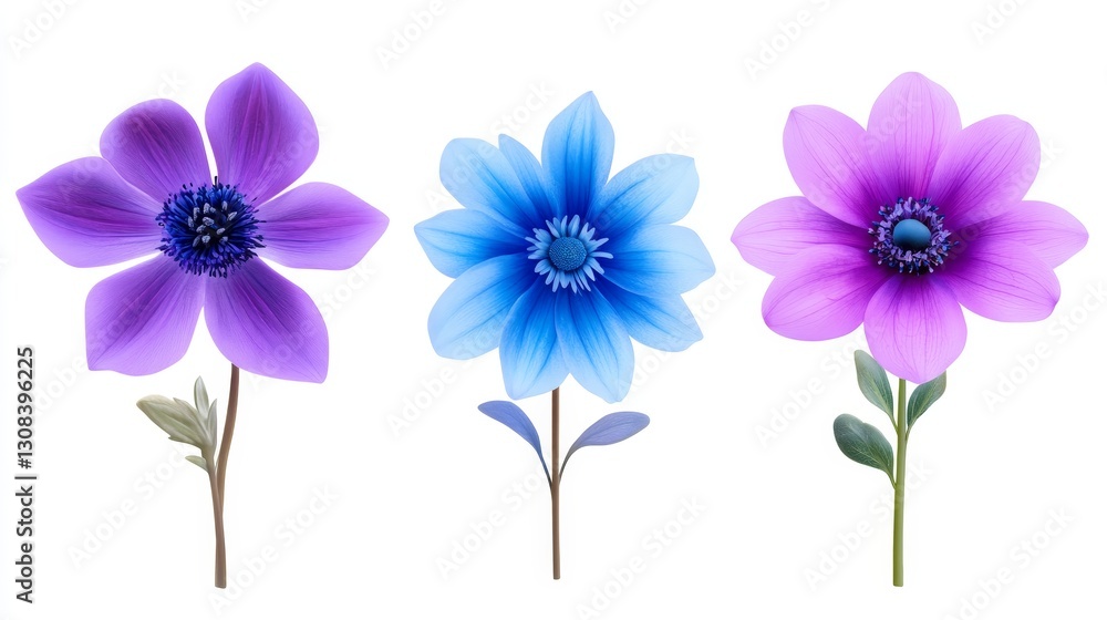 Fototapeta premium Three Vibrant Flowers - Beautiful blue and purple flowers, symbolizing serenity, growth, elegance, beauty, and nature. Perfect for floral designs and spring themes
