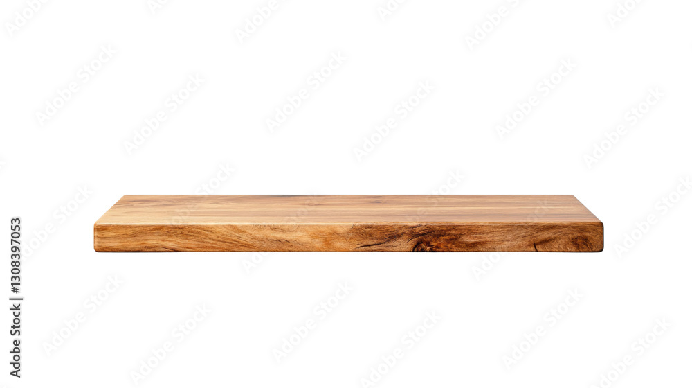 A wooden shelf is empty and sits on a white background A wooden shelf is empty and sits on a white background