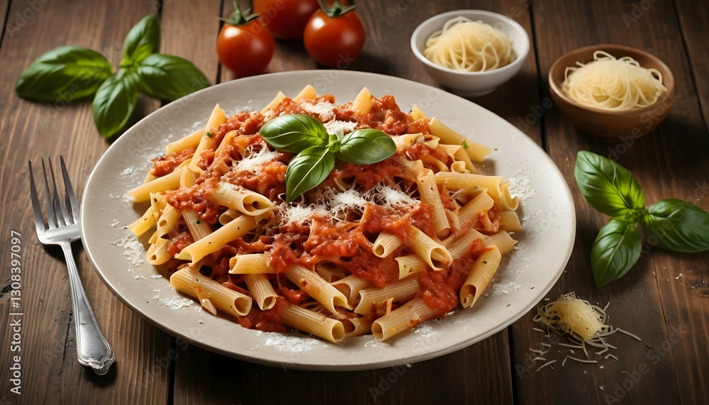 Delicious Pasta with Tomato Sauce and Fresh Basil on a Wooden Table Delicious Pasta with Tomato Sauce and Fresh Basil on a Wooden Table