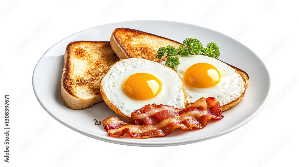 A plate of bacon, eggs, and toast A plate of bacon, eggs, and toast