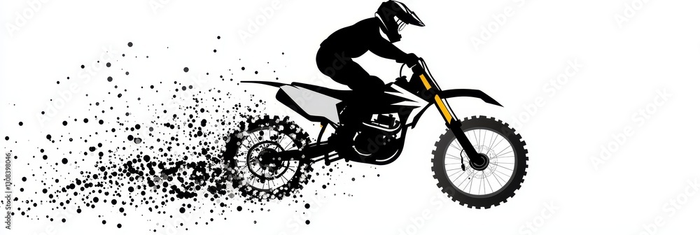 Naklejka premium Motocross Rider in Motion: A Silhouette Study - Dynamic motocross action, speed, power, freedom, and adrenaline symbolized in a striking silhouette against a white background