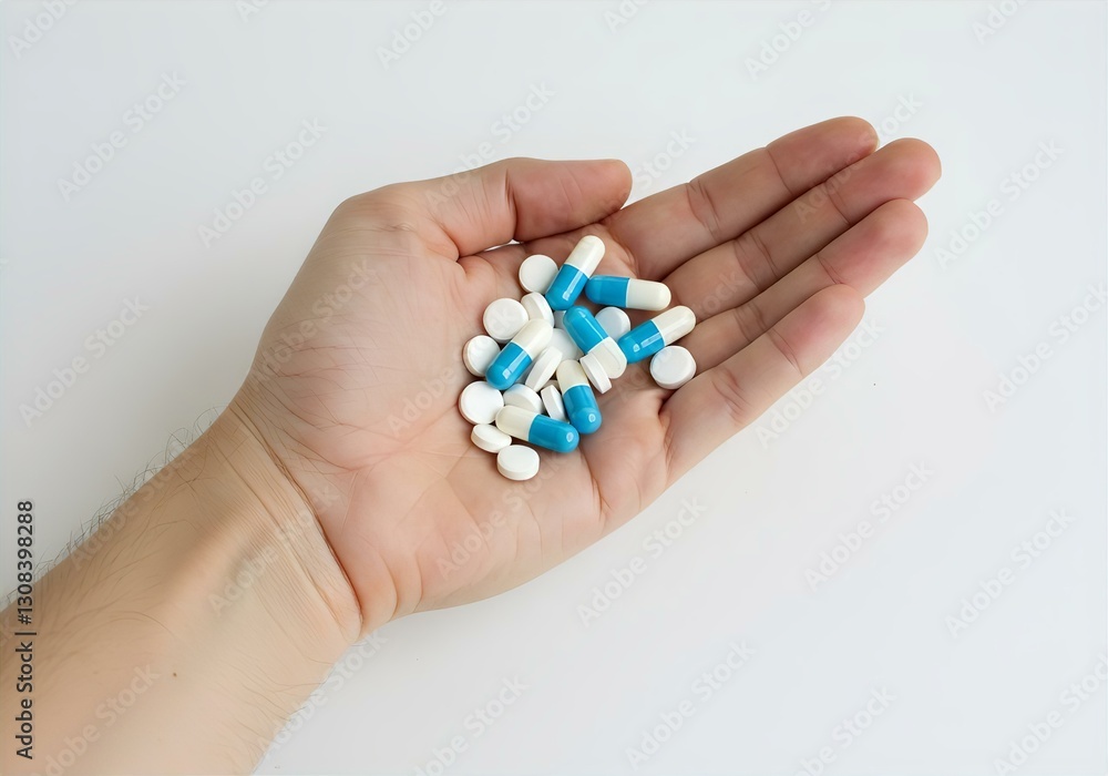 Handful of Pills: Blue & White Capsules and Tablets on Palm - Medication, Healthcare, Pharmaceutical Drugs, Prescription Treatment