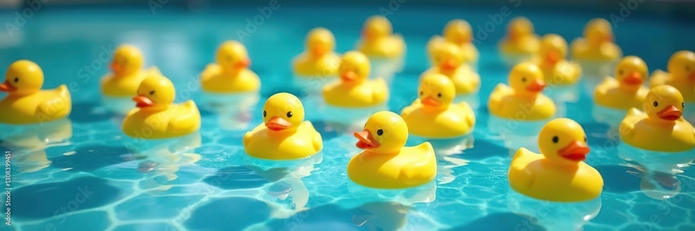 Hundreds of yellow rubber ducks bobbing in a clear blue pool, plastic, flock, toys Hundreds of yellow rubber ducks bobbing in a clear blue pool, plastic, flock, toys