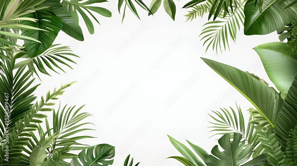 Lush Green Tropical Leaves Frame on White Background Lush Green Tropical Leaves Frame on White Background