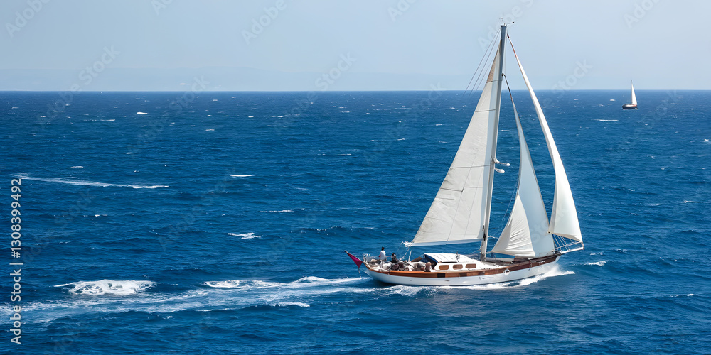 Fototapeta premium Sailboat Sailing Across Deep Blue Ocean with Billowing White Sails. Perfect for: Summer, Ocean