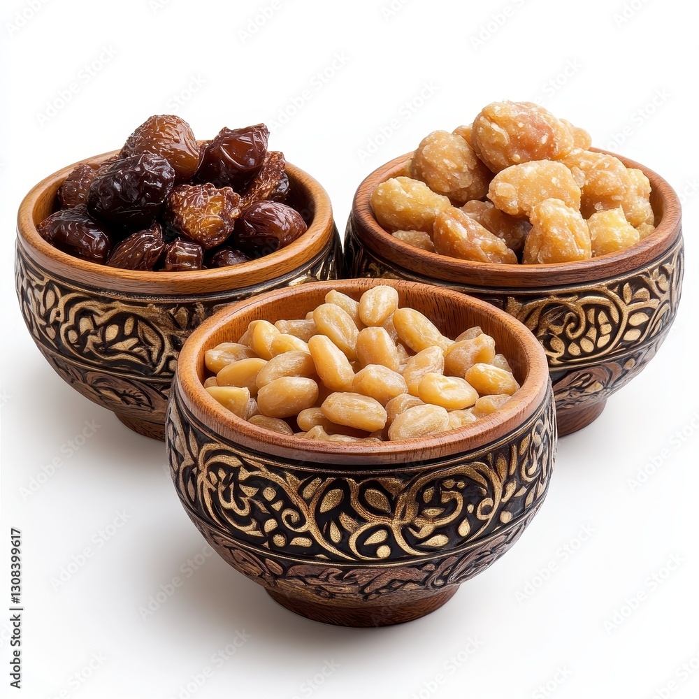 Fototapeta premium Three Wooden Bowls Of Candied Fruit And Nuts On White Background