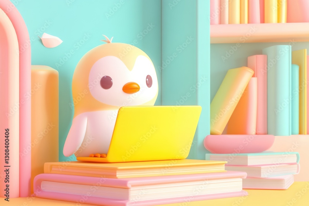 A cute penguin sits on pastel-colored books, using a yellow laptop in a pastel room. A cute penguin sits on pastel-colored books, using a yellow laptop in a pastel room.