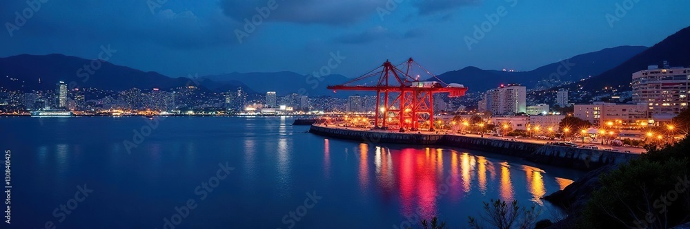 Illuminated Kobe port structures at dusk, harbor view , landscape, building, photography Illuminated Kobe port structures at dusk, harbor view , landscape, building, photography