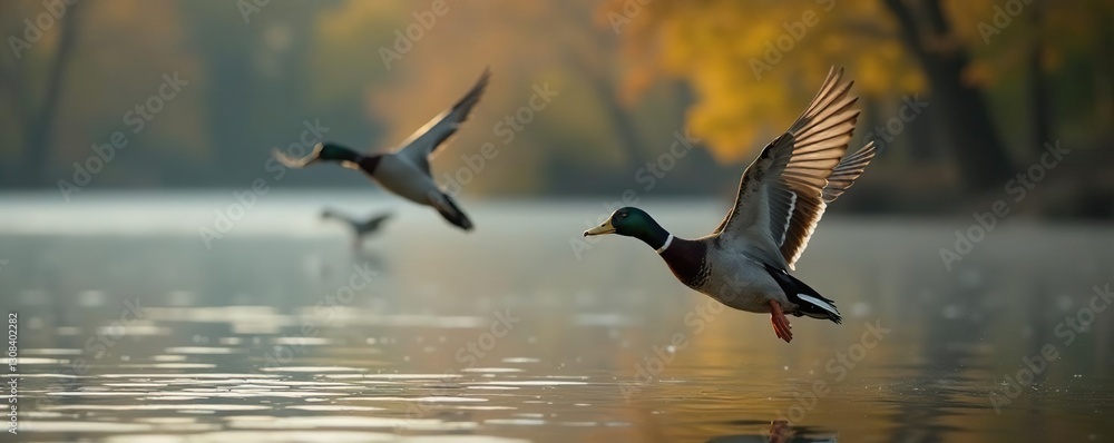 Obraz premium Mallards in flight, low over calm river water, birds, wildlife, animal