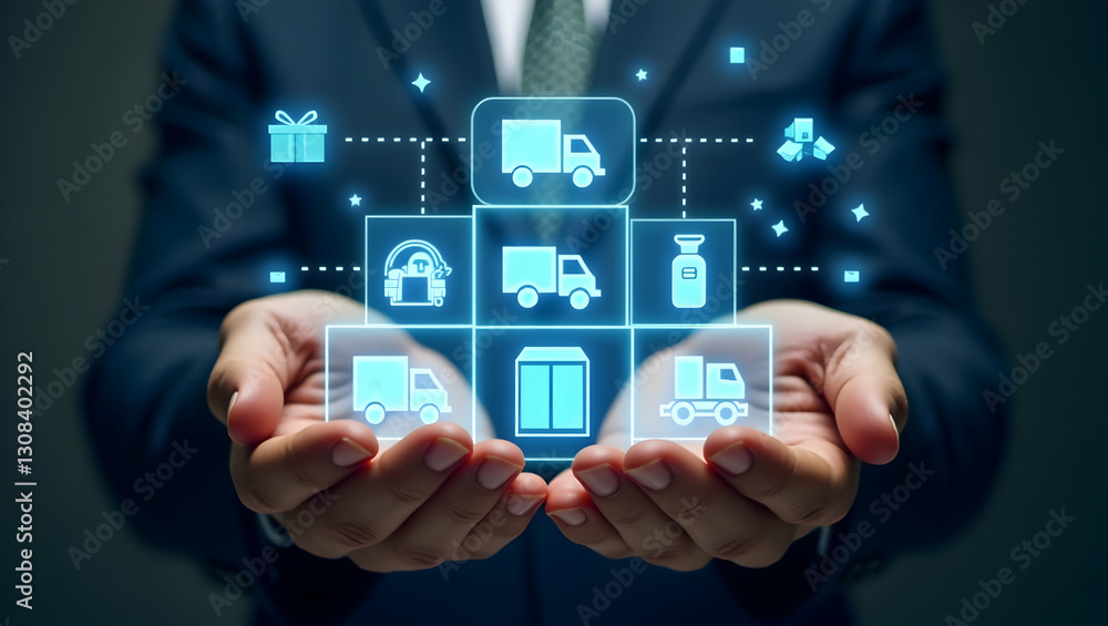 Visualizing Supply Chain Management: Hands Arranging Holographic Delivery and Shipping Icons in Logistics Visualizing Supply Chain Management: Hands Arranging Holographic Delivery and Shipping Icons in Logistics