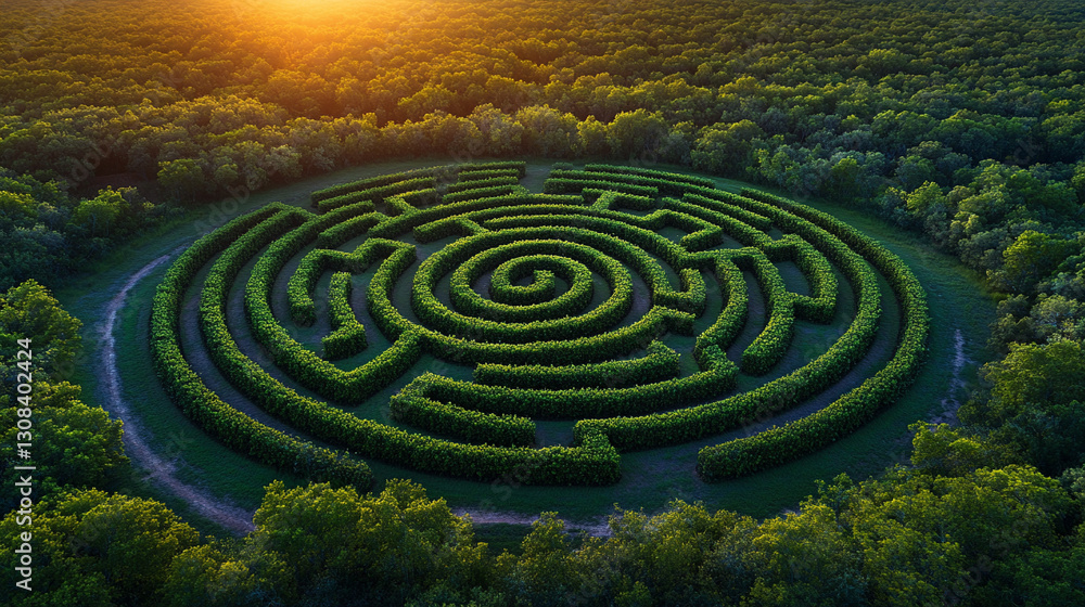 Aerial view of a green bush labyrinth or maze in a park or garden, symbolizing a journey of decision, searching, and finding a way or path to exit, representing challenge and planning Aerial view of a green bush labyrinth or maze in a park or garden, symbolizing a journey of decision, searching, and finding a way or path to exit, representing challenge and planning