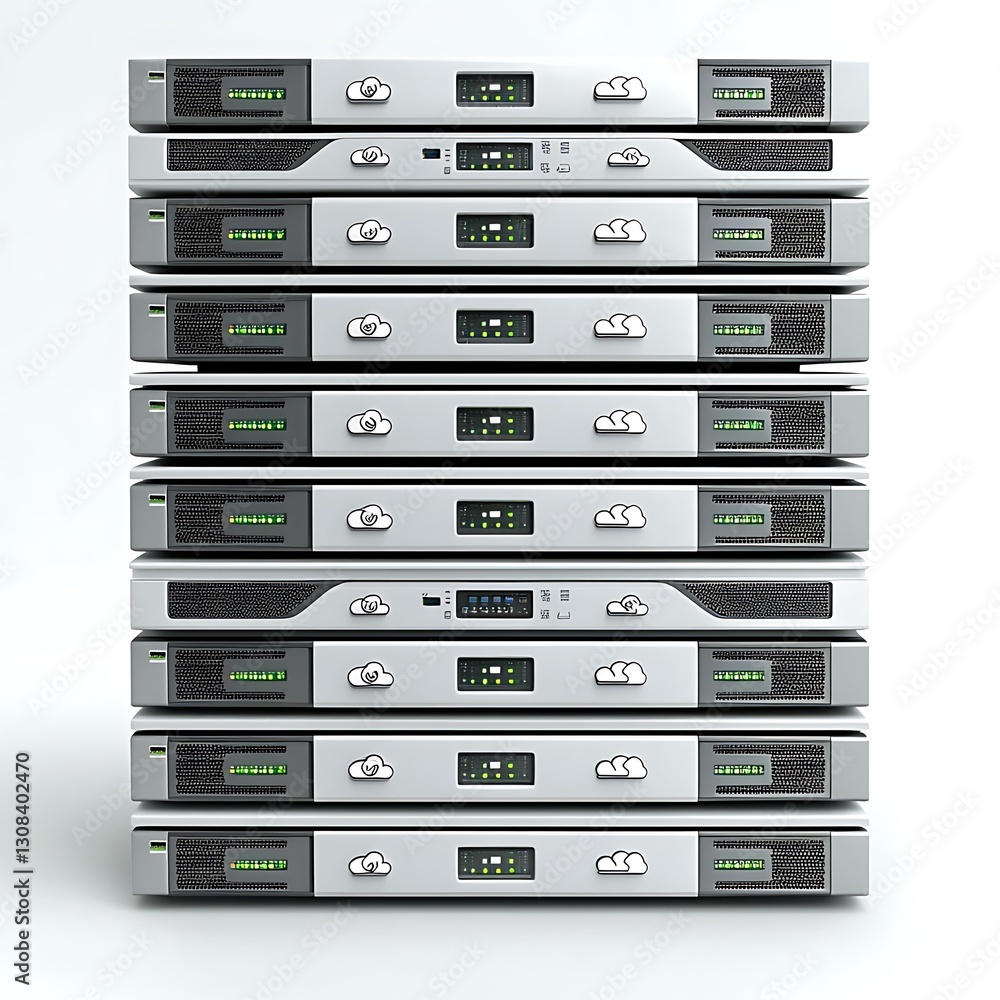 Servers stack in datacenter, cloud icons on equipment Servers stack in datacenter, cloud icons on equipment
