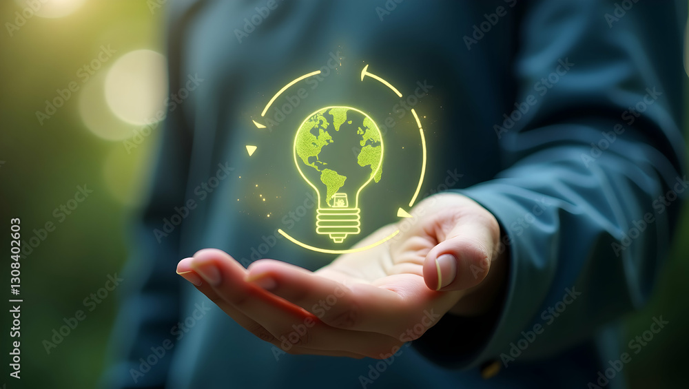 Energy Efficiency Illustrated: Hand Holding Holographic Icon of CO2 Reduction, Renewable Energy Sources, and Efficiency Metrics - Stock Photo Concept with Space for Text Energy Efficiency Illustrated: Hand Holding Holographic Icon of CO2 Reduction, Renewable Energy Sources, and Efficiency Metrics - Stock Photo Concept with Space for Text