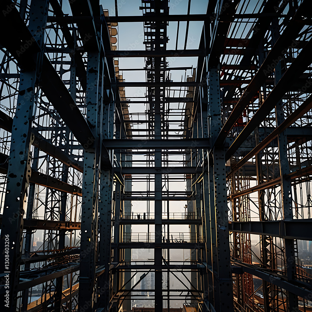Modern Construction Site with Crane Showing Progress on a High-Rise Building, Featuring Scaffolding and Safety Equipment Under a Clear Blue Sky Modern Construction Site with Crane Showing Progress on a High-Rise Building, Featuring Scaffolding and Safety Equipment Under a Clear Blue Sky