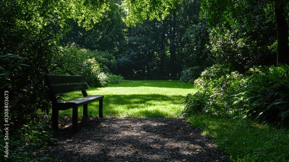 Serene park bench in sun-dappled green lawn, lush foliage. Serene park bench in sun-dappled green lawn, lush foliage.