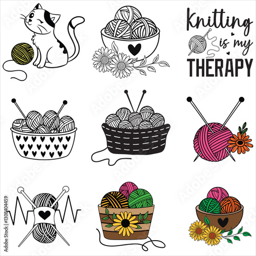 Collection of knitting T-shirt vector illustration, Yarn clipart design