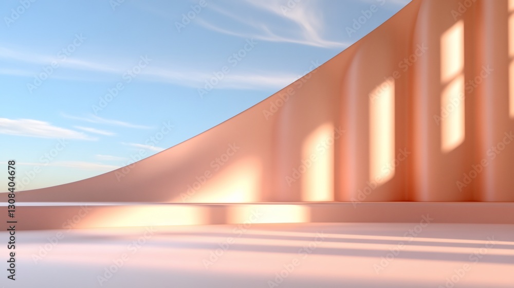 Minimalist Peach Curved Wall 3D Render Sunlit Background Minimalist Peach Curved Wall 3D Render Sunlit Background