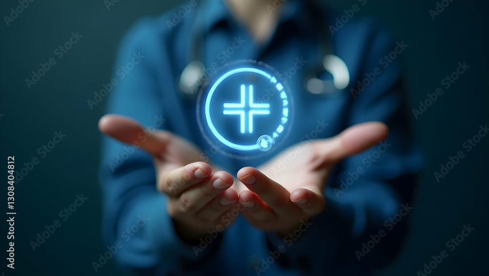 Holographic Cross and Health Symbol in Hand: A Visual Representation of Digital Healthcare Solutions for Integrated Healthcare Systems - Stock Photo Concept Holographic Cross and Health Symbol in Hand: A Visual Representation of Digital Healthcare Solutions for Integrated Healthcare Systems - Stock Photo Concept