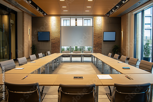 Wallpaper Mural Interior design of large meeting room in top company, Conference hall with meeting table and projector screen for presentation, Modern and luxury business meeting room. Torontodigital.ca