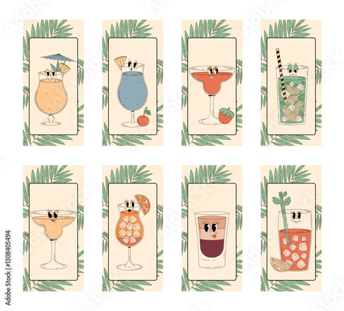 Retro groovy characters summer cocktails. Trendy psychedelic label or tag set with cute alcohol beverage mojito, pina colada, margarita, daiquiri and more. Vector illustration
