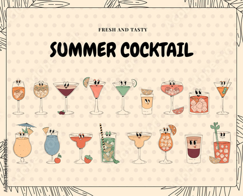 Banner with retro summer cocktail and drink characters. Popular alcoholic beverages in groovy 70s, 80s style. Concept for cafe, bar, lounge, restaurant. Vector illustration