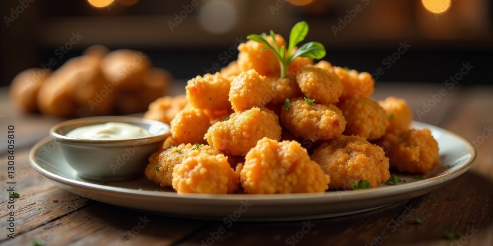 Aromatic Crispy Fried Chicken Bites Served with Creamy Dipping Sauce on Rustic Wooden Table Aromatic Crispy Fried Chicken Bites Served with Creamy Dipping Sauce on Rustic Wooden Table