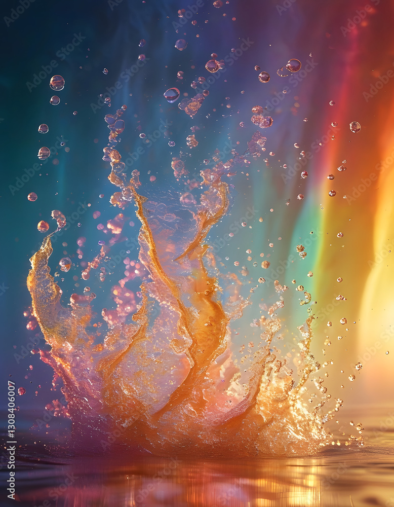 Naklejka premium Water Droplet Splashing on a Rainbow Background