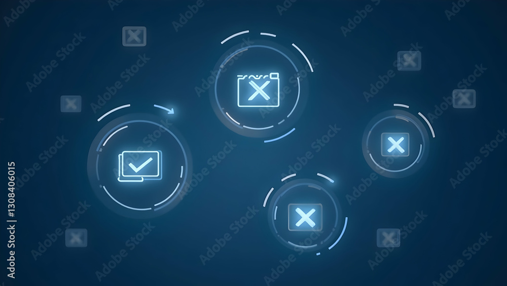 Approval system illustrated by floating checkmarks and X symbols being interactively selected within a digital workflow environment for approvals. concept as Scene showing floating checkmarks and X sy Approval system illustrated by floating checkmarks and X symbols being interactively selected within a digital workflow environment for approvals. concept as Scene showing floating checkmarks and X sy