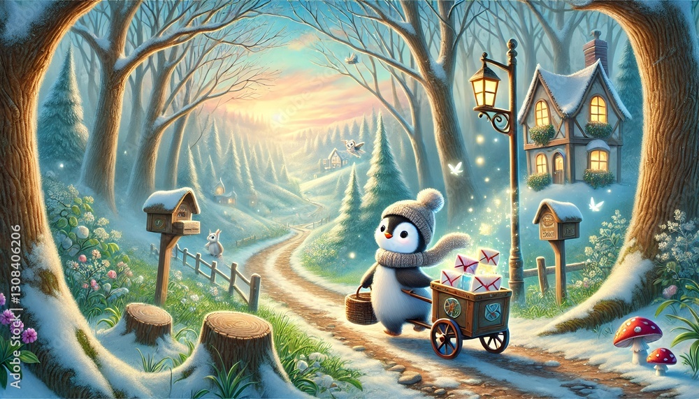 Obraz premium A heartwarming fantasy illustration of a penguin mail carrier journeying through a thawing enchanted forest, delivering glowing letters to woodland creatures awaiting their special springtime messages