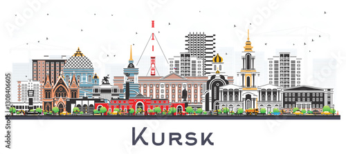 Kursk Russia city skyline with color buildings isolated on white. Kursk cityscape with landmarks. Business travel and tourism concept with modern and historic architecture.