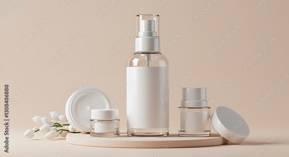 Premium Glass Skincare Bottles and Jars Mockup for Branding – Elegant Minimalist Design with Soft Lighting Premium Glass Skincare Bottles and Jars Mockup for Branding – Elegant Minimalist Design with Soft Lighting