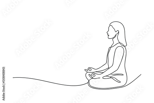 Serene Woman Meditating One Line Drawing, Peaceful Yoga Pose, Mindfulness Practice