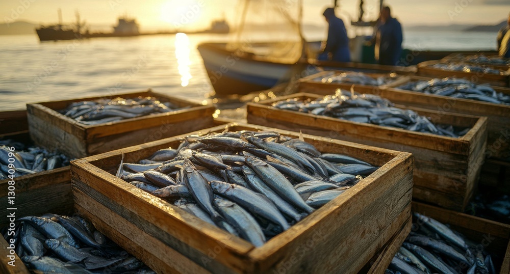 A close-up view of several salmon fish on the deck of a boat in the open sea during sunset A close-up view of several salmon fish on the deck of a boat in the open sea during sunset