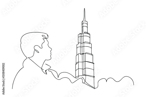 One line drawing Man admiring a skyscraper, urban landscape, architecture