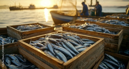 A close-up view of several salmon fish on the deck of a boat in the open sea during sunset