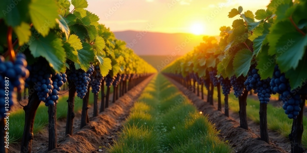 Fototapeta premium Golden Hour Vineyard Rows with Ripe Grapes Hanging Heavy on the Vines
