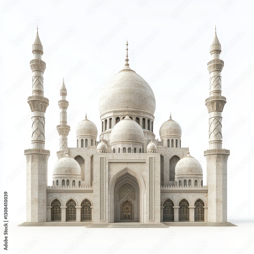 Fototapeta premium White Mosque Architectural Design with Domes and Minarets