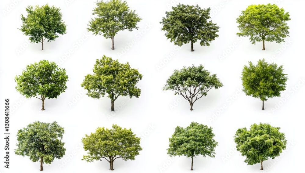 Fototapeta premium A top-down illustration showcasing a variety of tree and shrub designs. Numerous foliage types for environmentally friendly outdoor areas. Detailed entourage designs for landscaping projects