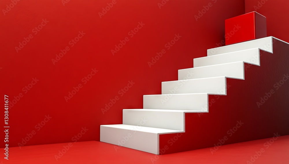 An abstract 3D rendering features a staircase. White steps ascend, with a red step highlighting the next level. The modern design symbolizes progress and success, offering blank space for product An abstract 3D rendering features a staircase. White steps ascend, with a red step highlighting the next level. The modern design symbolizes progress and success, offering blank space for product