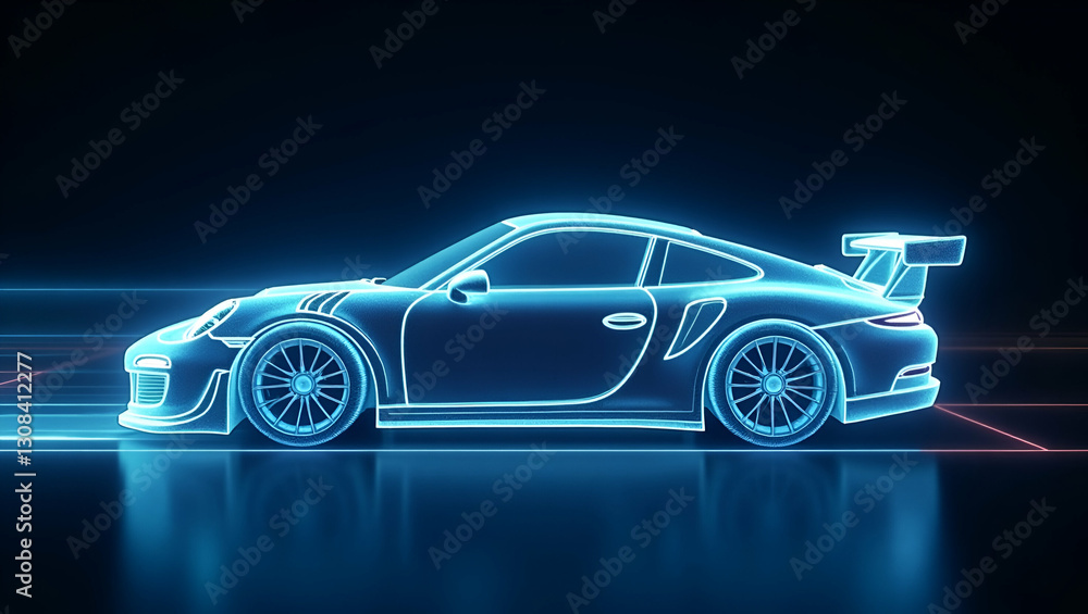 A holographic race car symbolizing speed performance and innovation in high speed transportation in a digital transport interface concept as Digital transport interface featuring a holographic race ca A holographic race car symbolizing speed performance and innovation in high speed transportation in a digital transport interface concept as Digital transport interface featuring a holographic race ca