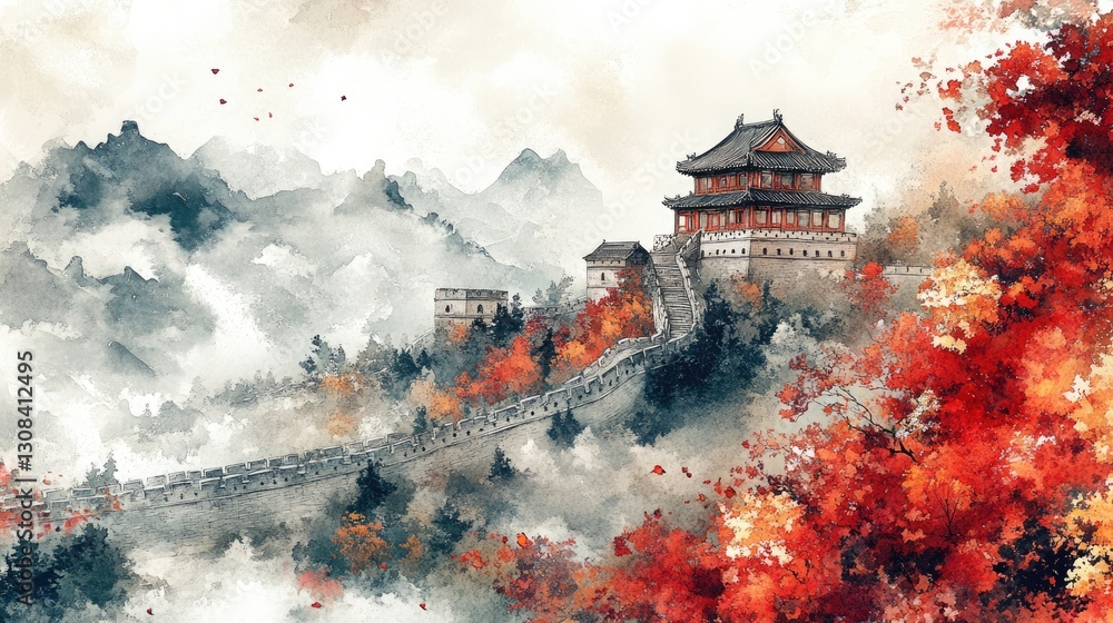 Obraz premium Painting of the Great Wall of China winding through misty mountains with red foliage. Use for travel, history, and cultural websites and blogs about China.