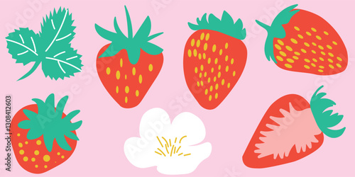 Colorful Illustration of Strawberries with Leaves and Flower on Pink Background