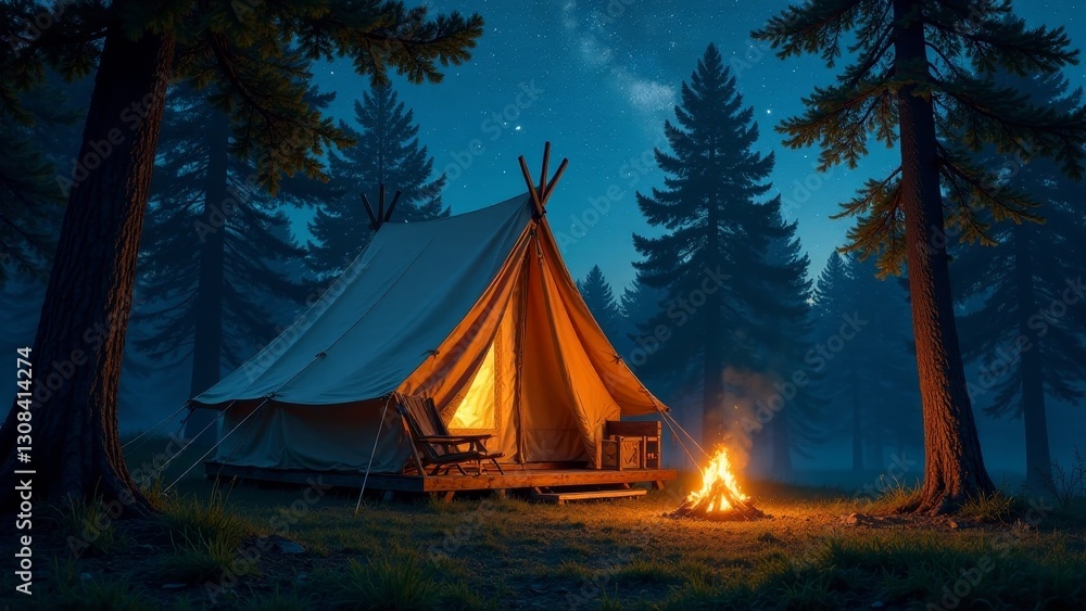 Serene Nighttime Campsite in a Lush Forest with a Cozy Illuminated Tent and a Crackling Campfire under a Starry Sky Serene Nighttime Campsite in a Lush Forest with a Cozy Illuminated Tent and a Crackling Campfire under a Starry Sky
