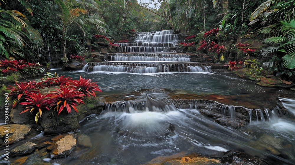 Fototapeta premium Serene Cascading Waterfall in Lush Tropical Garden