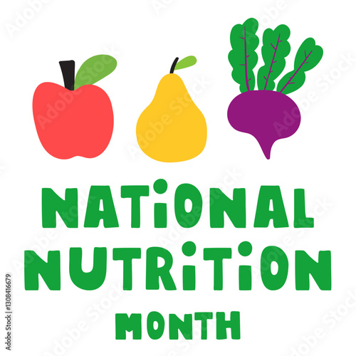 National nutrition month. Fruits and vegetables. Hand drawn illustration on white background.