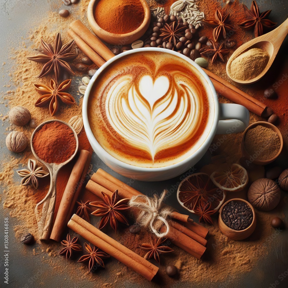 Latte Art with Spices Sprinkle Cinnamon Nutmeg Aromatic close up Latte Art with Spices Sprinkle Cinnamon Nutmeg Aromatic close up
