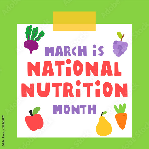 March is national nutrition month. Paper note on green background. Flat design. Vector illustration.