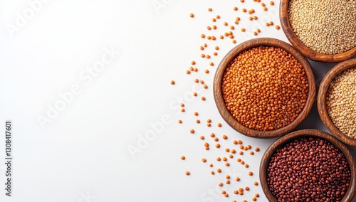 Wooden bowls containing an assortment of grains and legumes are arranged around a central white space, showcasing various types of beans and lentils. This still life food photo features a neutral