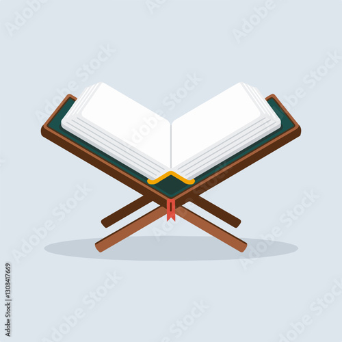 A Flat-Style Open Quran on book stand on a Plain Background